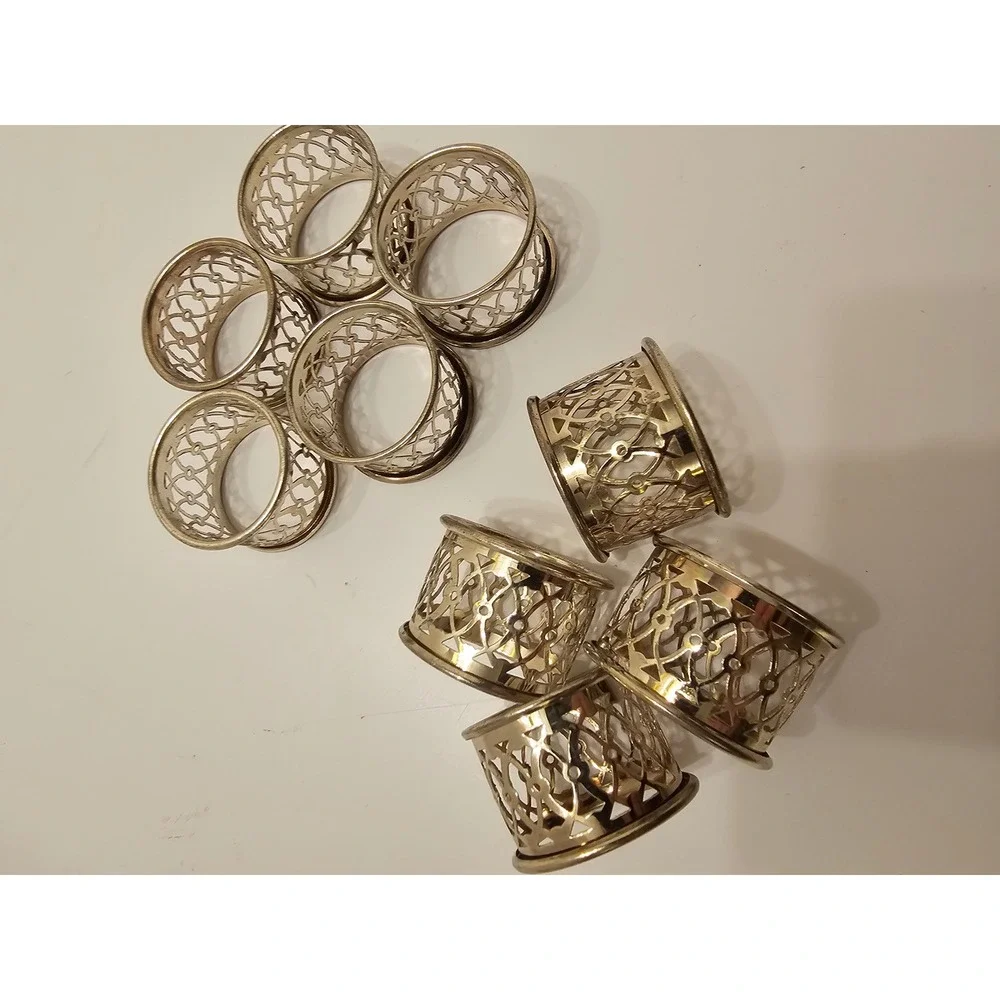 Vintage Silver Toned Filigree Napkin Rings Set of 9 Openwork Lattice Design